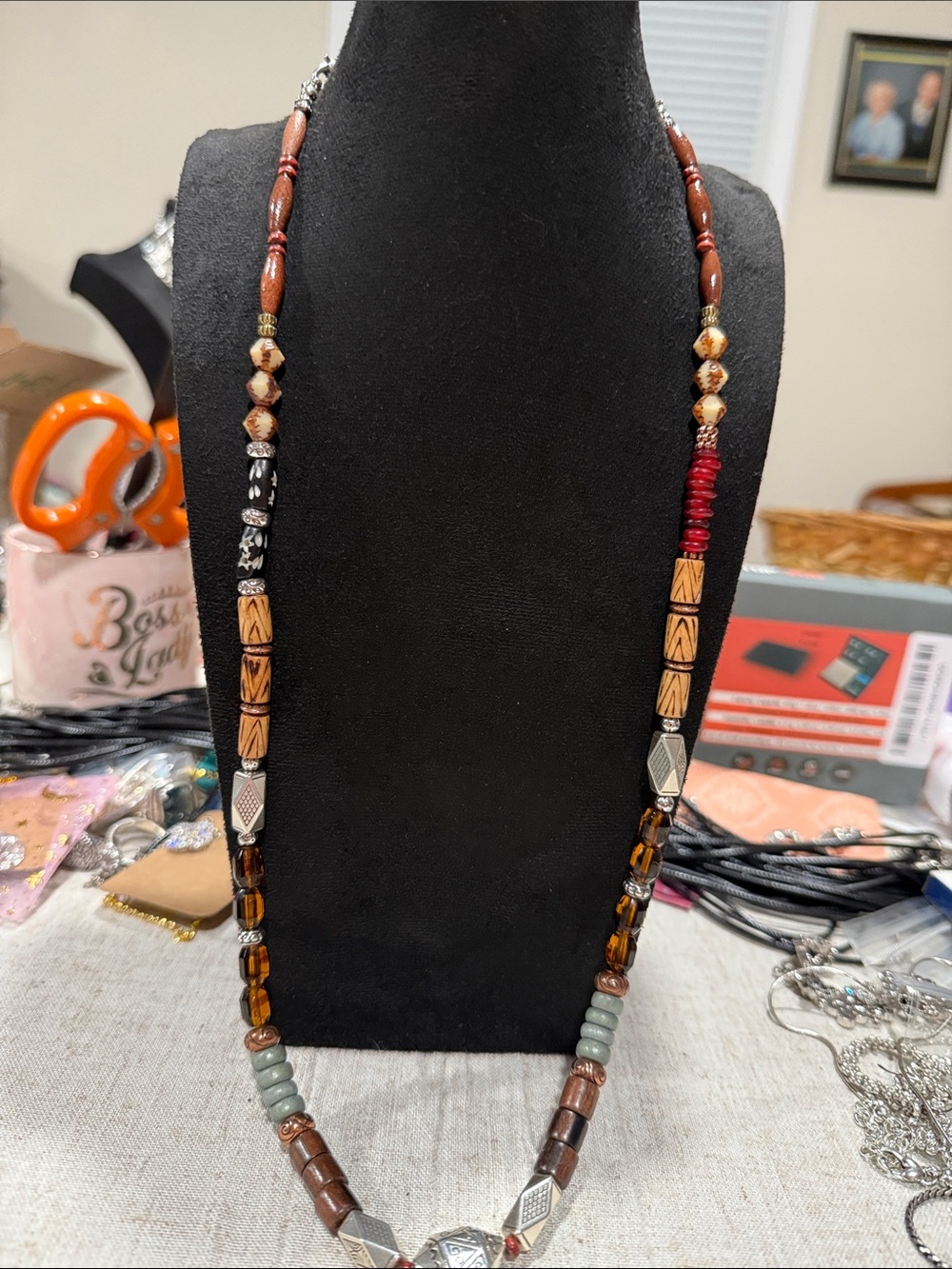 Brighton Long Genuine Stone Wood Glass Mixed Bead Necklace 33”